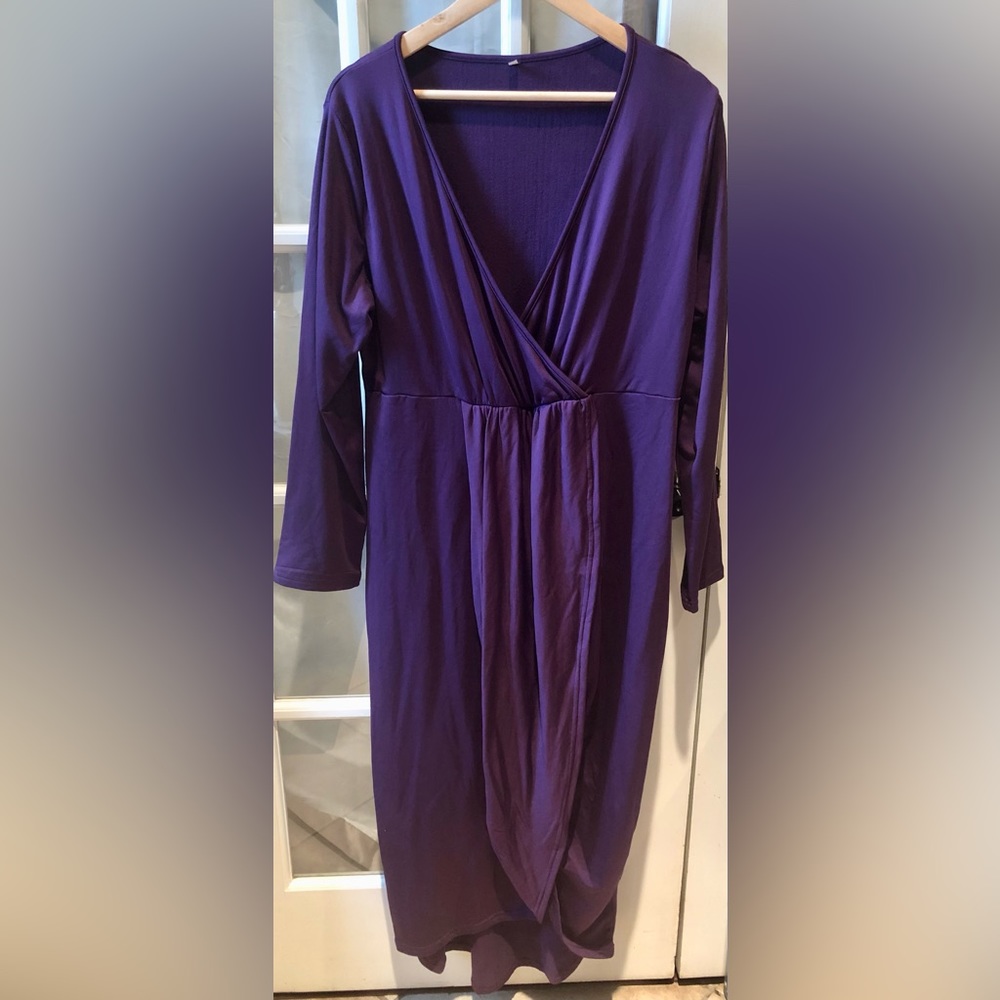 Women’s long sleeve deep V sexy purple bodycon midi with front ruching in 4XL